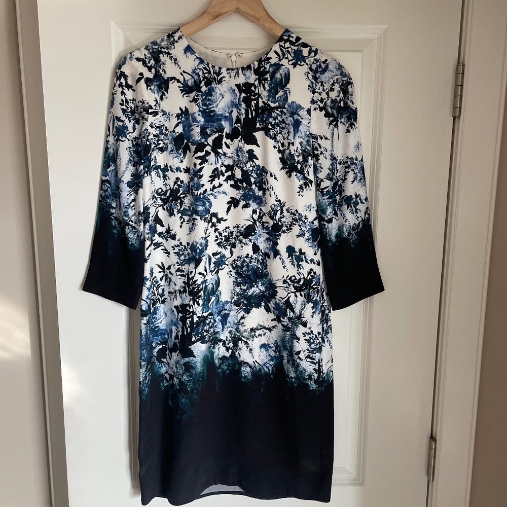 ERDEM Emma Blue & White Floral Silk Shift Dress Size 2 XS EUC